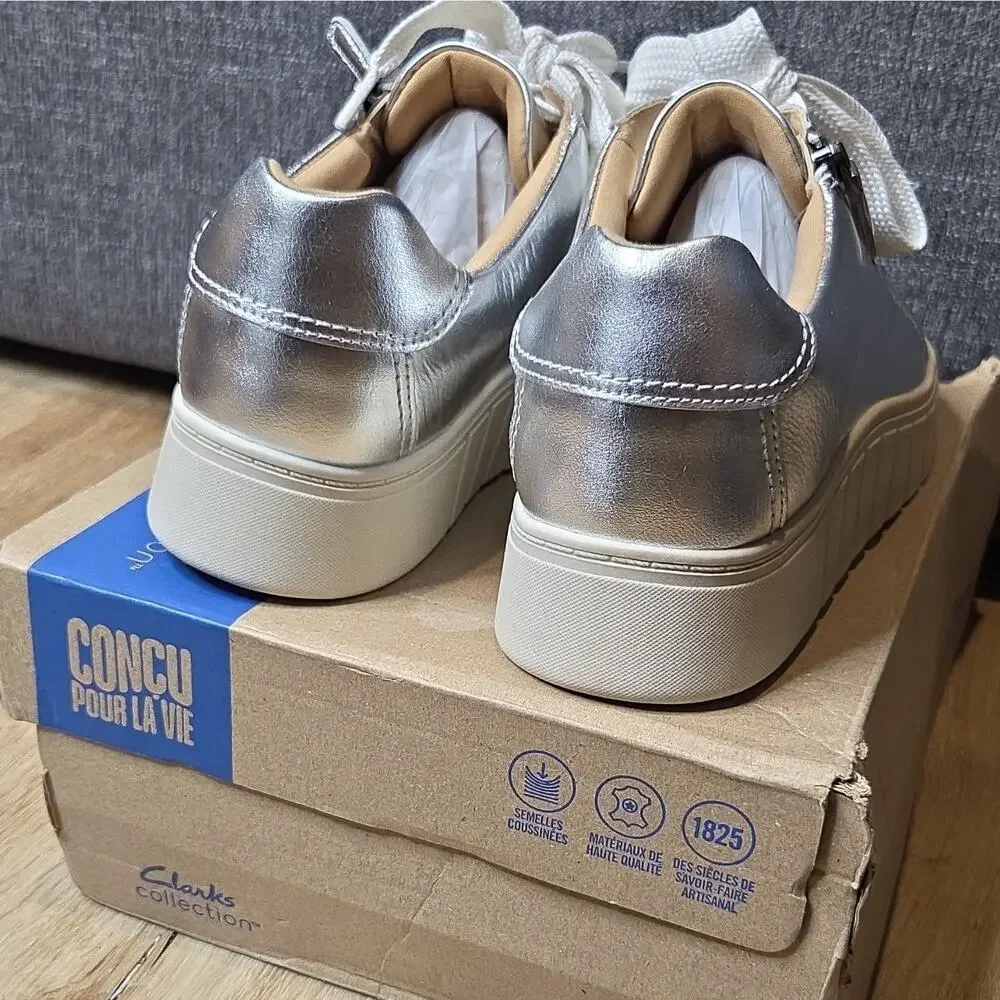Clarks Mykah Joy Silver/White Leather Comfort Sneaker Women's 11 W EU 42.5